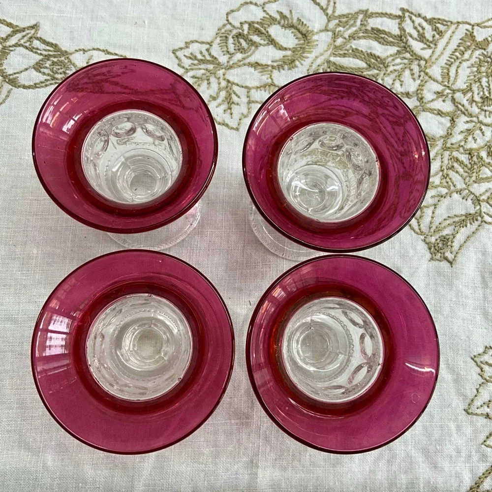 Vintage Cranberry Kings Crown Indiana Glass Cordial Liqueur Glasses Thumbprint 4